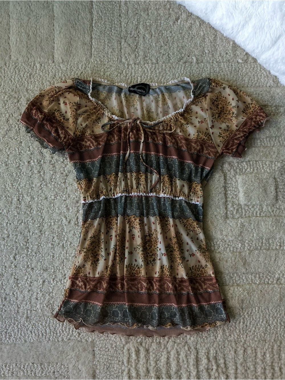 Y2K vintage Boho Peasant Top stripe bow babydoll ruffle puff sleeves